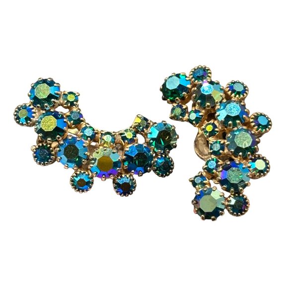 Vintage Weiss Aurora Borealis Blue & Green Rhinestone Cluster Clip-On Earrings - Picture 7 of 14
